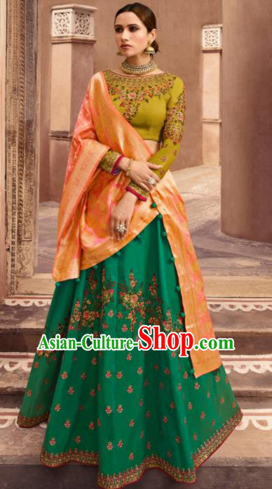 Traditional Indian Embroidered Lehenga Deep Green Silk Dress Asian India National Bollywood Costumes for Women