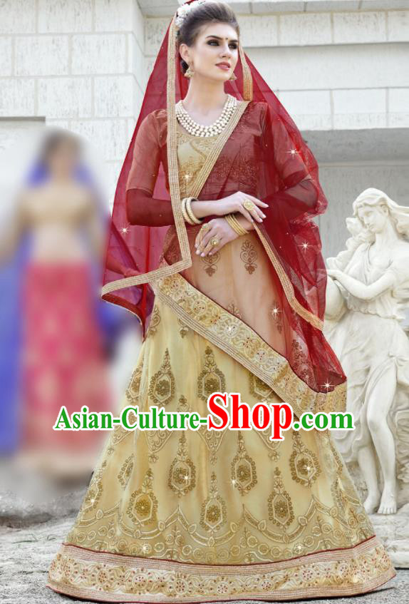 Traditional Indian Embroidered Lehenga Light Golden Dress Asian India National Bollywood Costumes for Women