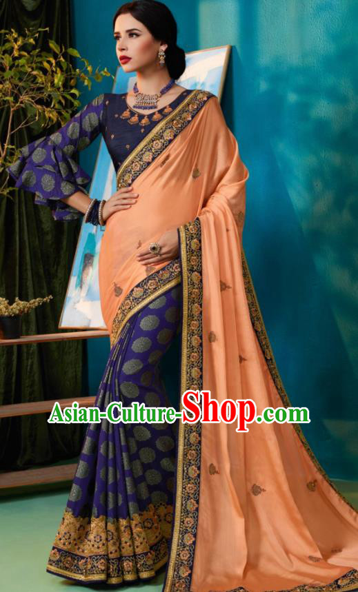 Traditional Indian Sari Embroidered Purple and Orange Silk Dress Asian India National Bollywood Costumes for Women