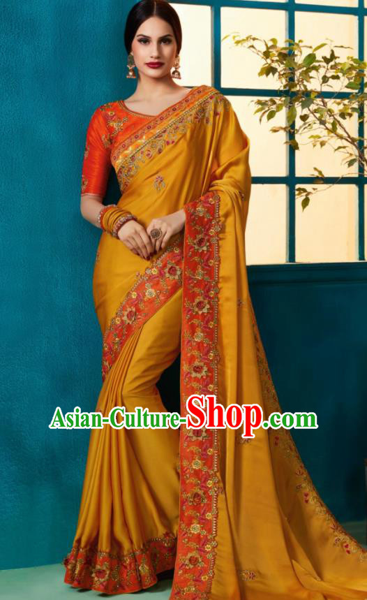 Traditional Indian Sari Embroidered Ginger Silk Dress Asian India National Bollywood Costumes for Women