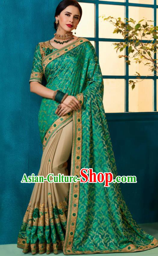 Traditional Indian Sari Embroidered Green and Khaki Silk Dress Asian India National Bollywood Costumes for Women