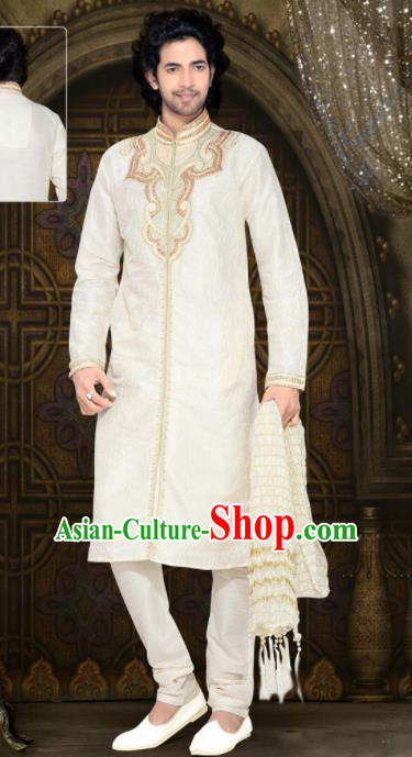 Asian Indian Sherwani Embroidered White Clothing India Traditional Wedding Bridegroom Costumes Complete Set for Men