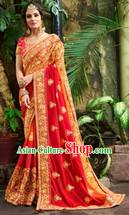 Traditional Indian Court Bride Embroidered Red Sari Dress Asian India National Bollywood Costumes for Women