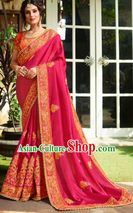 Traditional Indian Court Bride Embroidered Rosy Sari Dress Asian India National Bollywood Costumes for Women