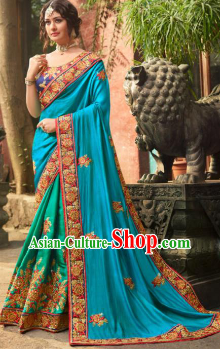 Traditional Indian Court Bride Embroidered Blue Sari Dress Asian India National Bollywood Costumes for Women