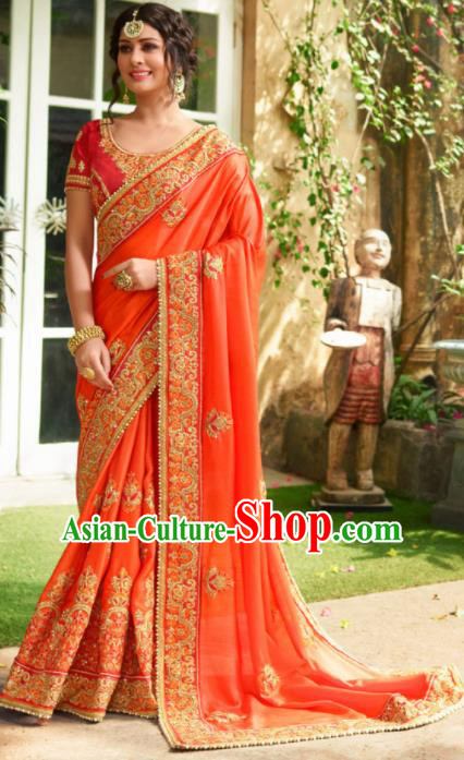 Traditional Indian Court Bride Embroidered Orange Sari Dress Asian India National Bollywood Costumes for Women