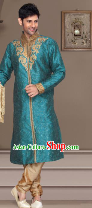 Asian Indian Sherwani Bridegroom Embroidered Blue Clothing India Traditional Wedding Costumes Complete Set for Men