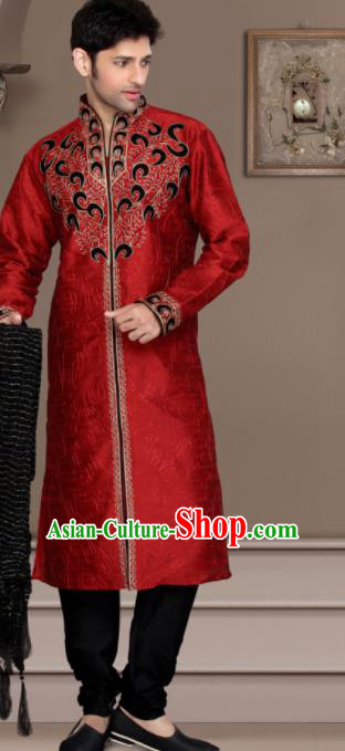 Asian Indian Wedding Sherwani Bridegroom Red Clothing India Traditional Embroidered Costumes Complete Set for Men