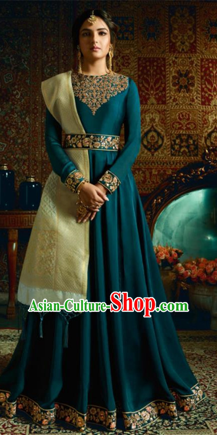 Indian Traditional Festival Peacock Blue Satin Anarkali Dress Asian India National Court Bollywood Costumes for Women