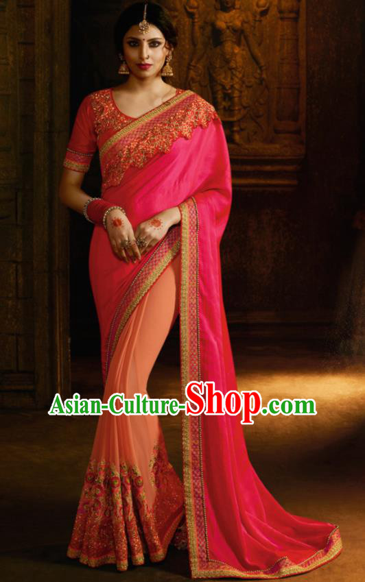 Traditional Indian Court Queen Embroidered Rosy Georgette Sari Dress Asian India National Bollywood Costumes for Women