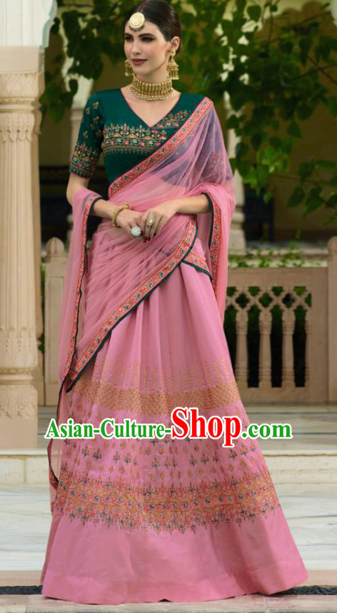 Traditional Indian Court Queen Embroidered Pink Georgette Sari Dress Asian India National Bollywood Costumes for Women