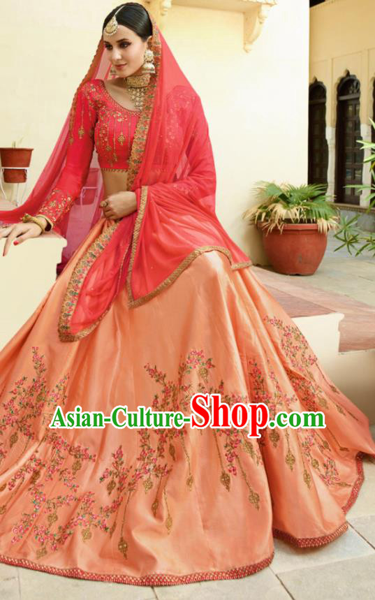 Traditional Indian Court Queen Embroidered Peachy Lehenga Dress Asian India National Bollywood Costumes for Women