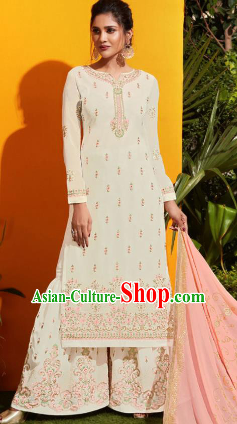 Traditional Indian Lehenga Embroidered White Georgette Blouse and Pants Asian India Punjab National Costumes for Women