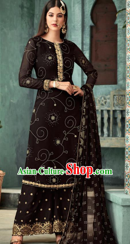 Traditional Indian Punjab Lehenga Embroidered Black Georgette Blouse and Pants Asian India National Costumes for Women