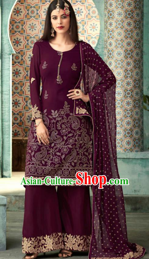 Traditional Indian Punjab Lehenga Embroidered Purple Georgette Blouse and Pants Asian India National Costumes for Women