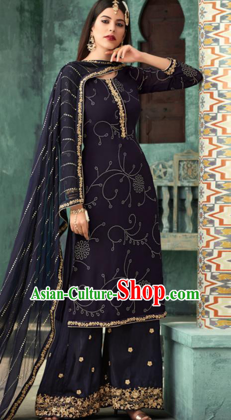 Traditional Indian Punjab Lehenga Embroidered Navy Georgette Blouse and Pants Asian India National Costumes for Women