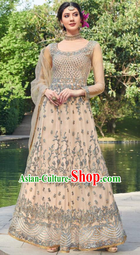 Traditional Indian Embroidered Apricot Anarkali Dress Asian India National Costumes for Women