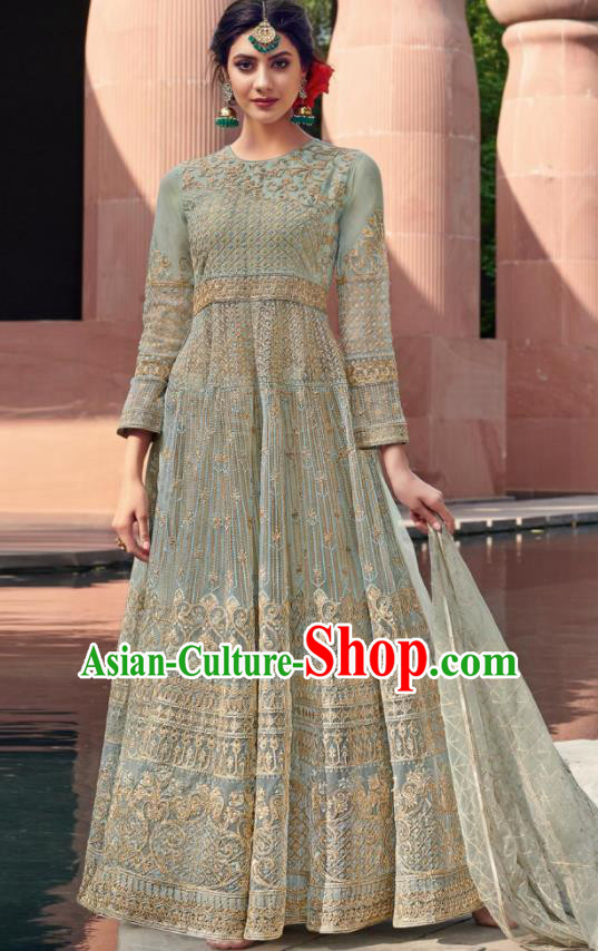 Traditional Indian Embroidered Grass Green Anarkali Dress Asian India National Costumes for Women