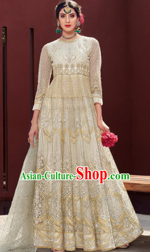 Traditional Indian Embroidered Beige Anarkali Dress Asian India National Costumes for Women