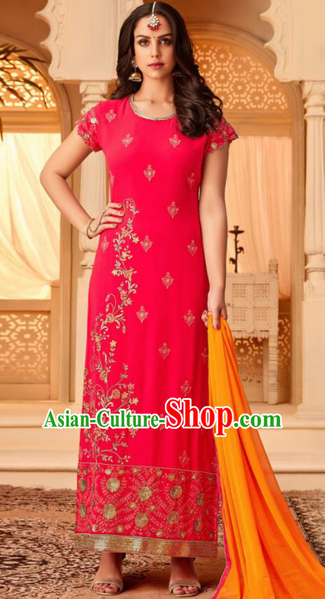 Traditional Indian Punjab Rosy Georgette Blouse and Pants Asian India National Costumes for Women