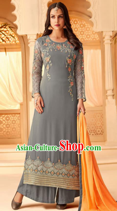 Traditional Indian Punjab Grey Georgette Blouse and Pants Asian India National Costumes for Women