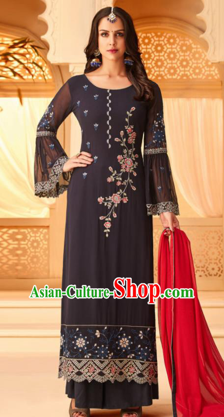 Traditional Indian Punjab Black Georgette Blouse and Pants Asian India National Costumes for Women