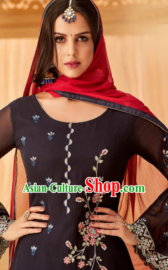 Traditional Indian Punjab Black Georgette Blouse and Pants Asian India National Costumes for Women