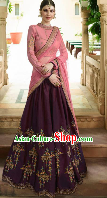 Traditional Indian Lehenga Pink Silk Dress Asian India National Bride Costumes for Women