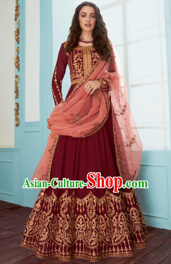 Traditional Indian Bollywood Embroidered Purplish Red Anarkali Dress Asian India National Costumes for Women