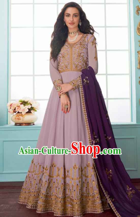 Traditional Indian Bollywood Embroidered Lilac Anarkali Dress Asian India National Costumes for Women