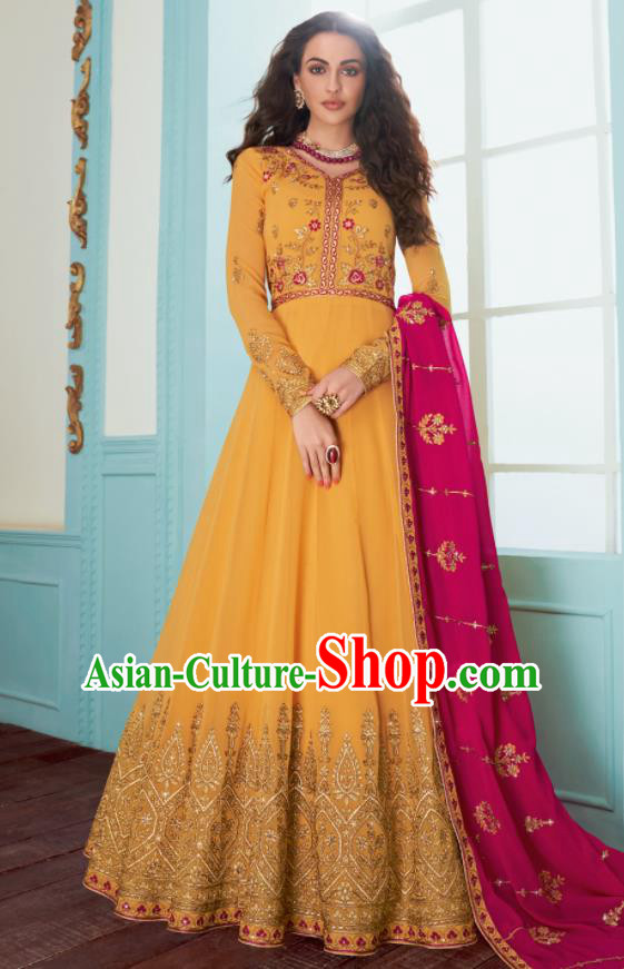Traditional Indian Bollywood Embroidered Yellow Anarkali Dress Asian India National Costumes for Women