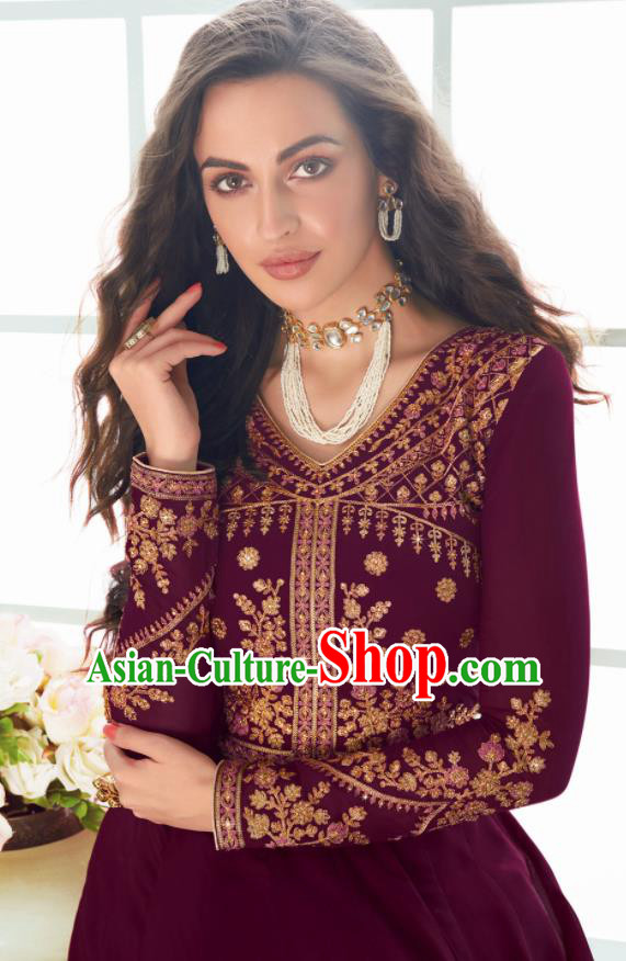 Traditional Indian Bollywood Embroidered Purple Anarkali Dress Asian India National Costumes for Women