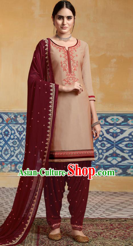 Traditional Indian Punjab Apricot Satin Blouse and Wine Red Pants Asian India National Costumes for Women