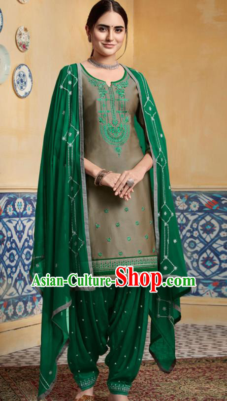 Traditional Indian Punjab Grey Satin Blouse and Green Pants Asian India National Costumes for Women