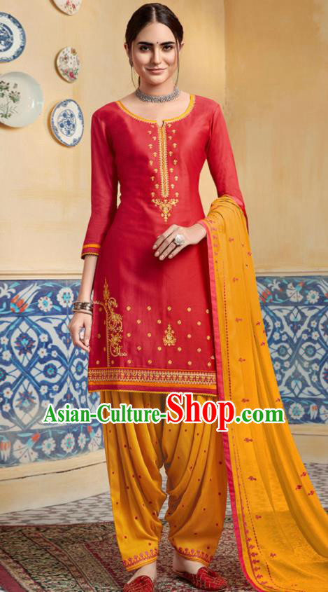 Traditional Indian Punjab Red Satin Blouse and Yellow Pants Asian India National Costumes for Women