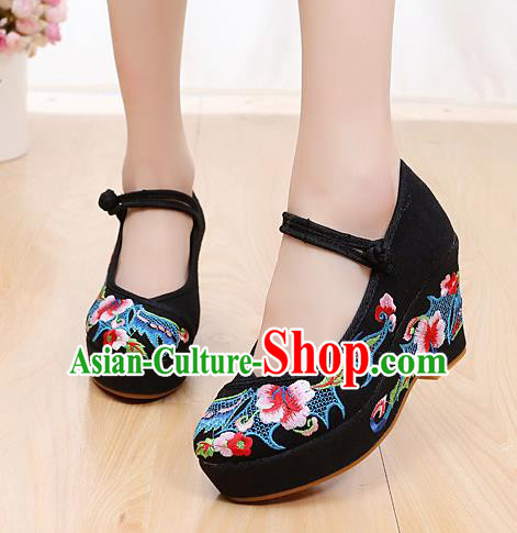 Chinese Wedding Black High Heels Shoes Traditional Hanfu Shoes Opera Shoes Embroidered Shoes for Women