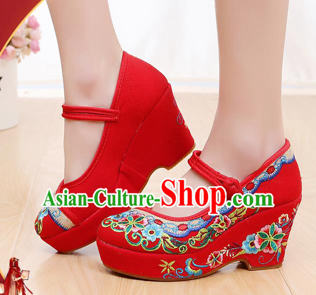 Chinese National Red High Heels Shoes Traditional Hanfu Shoes Opera Shoes Embroidered Shoes for Women