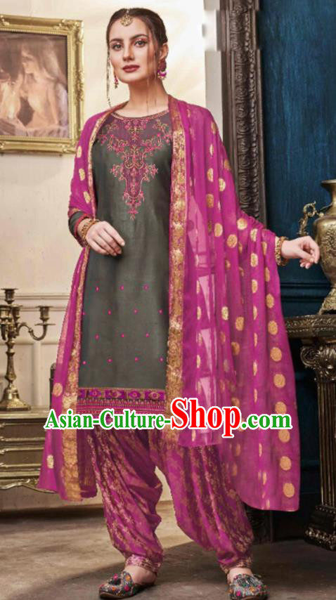 Traditional Indian Punjab Grey Satin Blouse and Purple Pants Asian India National Costumes for Women