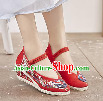 Chinese National Embroidered Phoenix Red High Heels Shoes Traditional Hanfu Shoes Opera Shoes Wedding Bride Shoes for Women