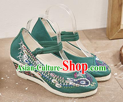 Chinese National Embroidered Phoenix Green High Heels Shoes Traditional Hanfu Shoes Opera Shoes Wedding Bride Shoes for Women