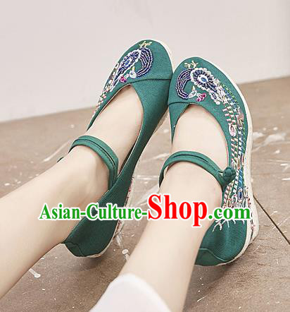 Chinese National Embroidered Phoenix Green High Heels Shoes Traditional Hanfu Shoes Opera Shoes Wedding Bride Shoes for Women