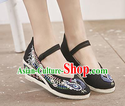 Chinese National Embroidered Phoenix Black High Heels Shoes Traditional Hanfu Shoes Opera Shoes Wedding Bride Shoes for Women