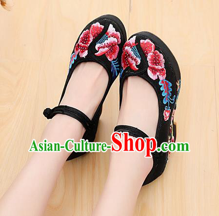 Chinese National Embroidered Black High Heels Shoes Traditional Hanfu Shoes Opera Shoes Wedding Bride Shoes for Women