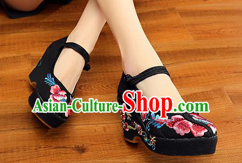 Chinese National Embroidered Black High Heels Shoes Traditional Hanfu Shoes Opera Shoes Wedding Bride Shoes for Women