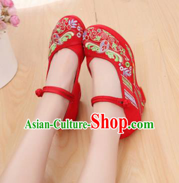 Chinese National Red Embroidered High Heels Shoes Traditional Hanfu Shoes Opera Shoes Wedding Bride Shoes for Women
