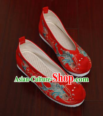 Chinese National Embroidered Carps Red Shoes Traditional Hanfu Shoes Opera Shoes Wedding Bride Shoes for Women