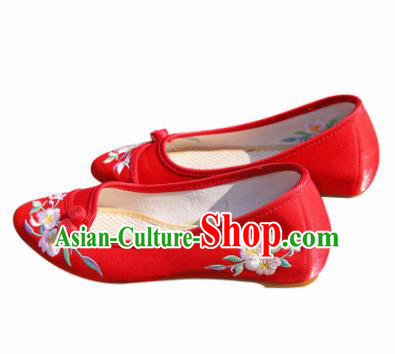 Chinese National Embroidered Flowers Red Shoes Traditional Hanfu Shoes Opera Shoes Wedding Bride Shoes for Women