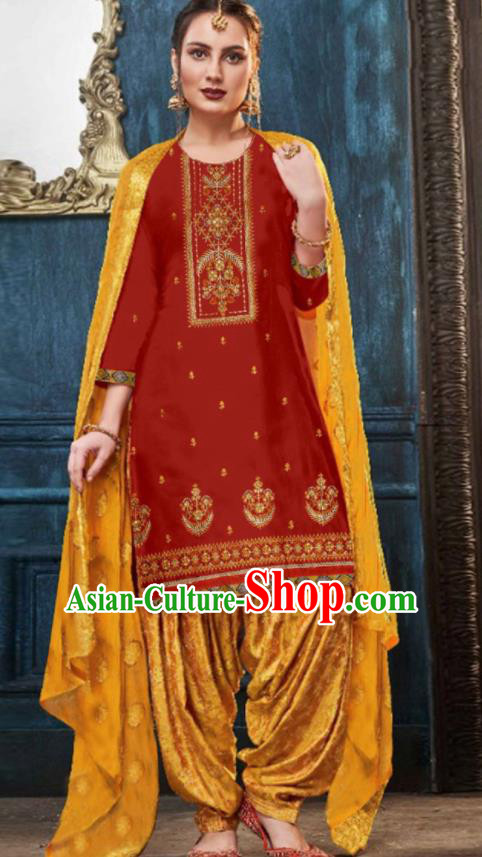 Traditional Indian Punjab Red Satin Blouse and Golden Pants Asian India National Costumes for Women