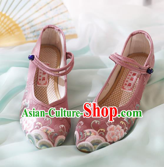 Chinese National Embroidered Peony Deep Pink Shoes Traditional Hanfu Shoes Opera Shoes Wedding Bride Shoes for Women