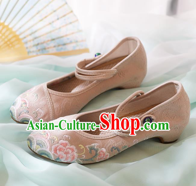 Chinese National Embroidered Peony Beige Shoes Traditional Hanfu Shoes Opera Shoes Wedding Bride Shoes for Women